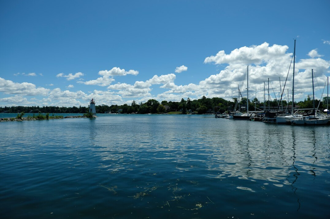 Sailboats on a blue lake with green shores