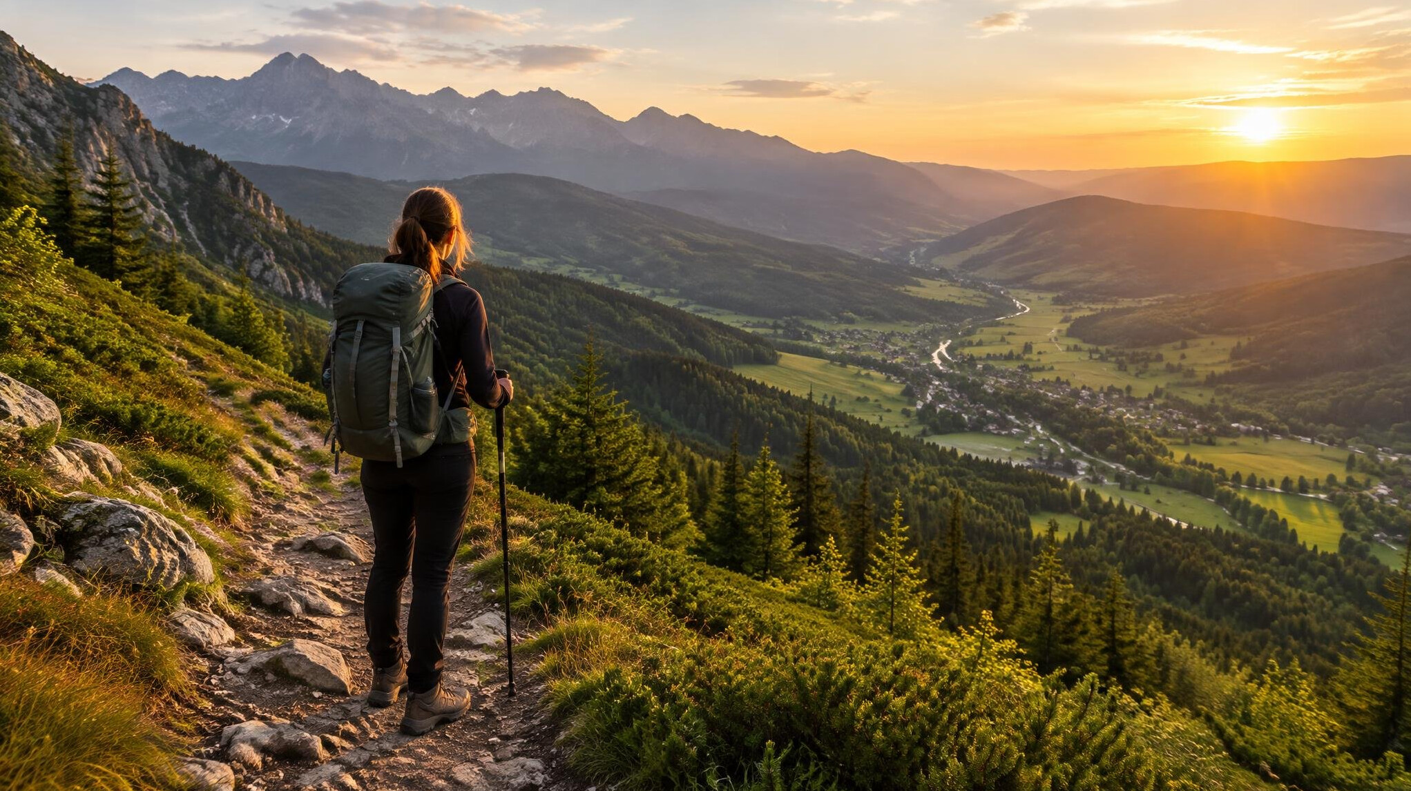 Hiker with a backpack looking over a scenic valley