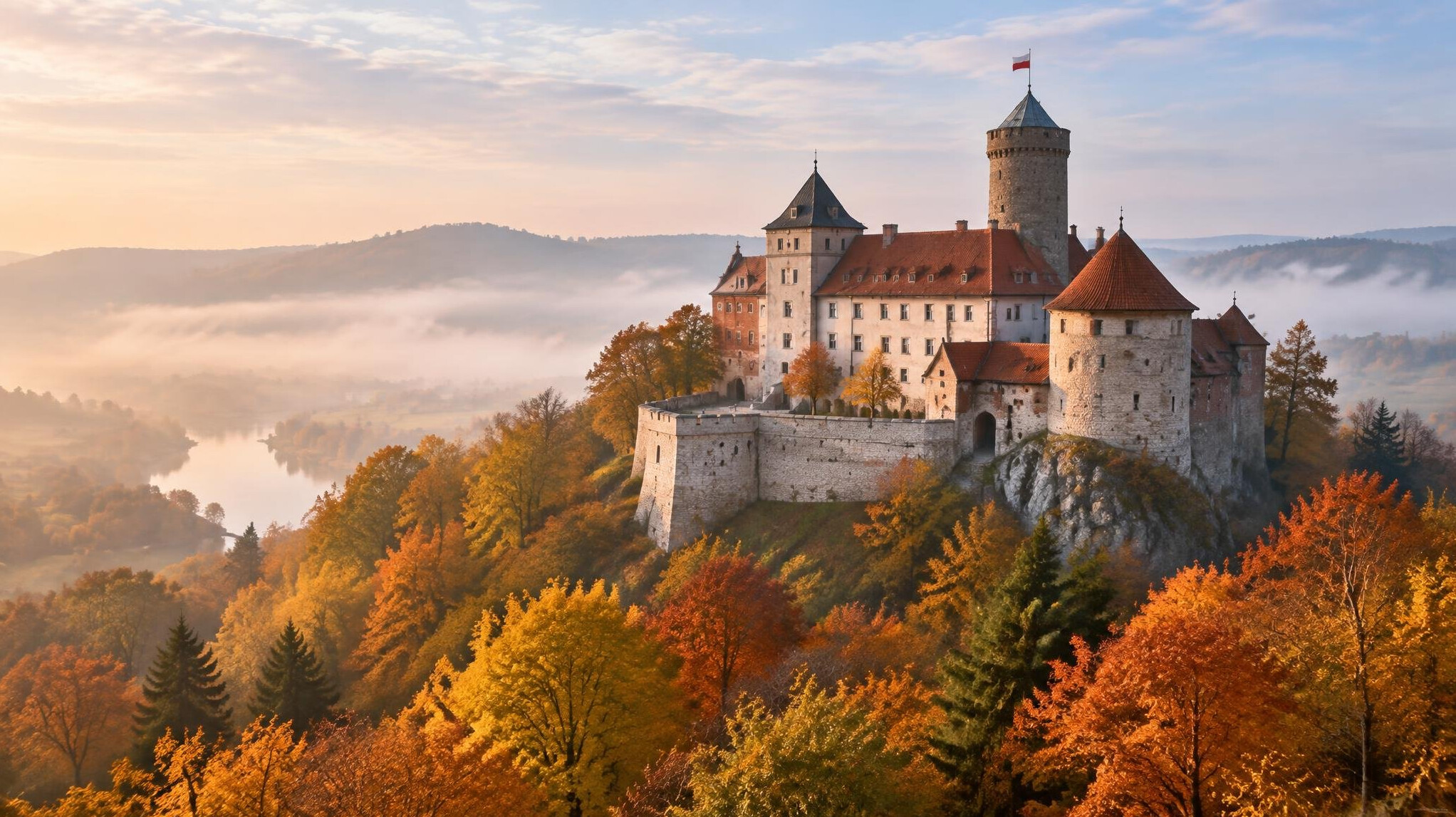 Castle on a hill surrounded by autumn trees