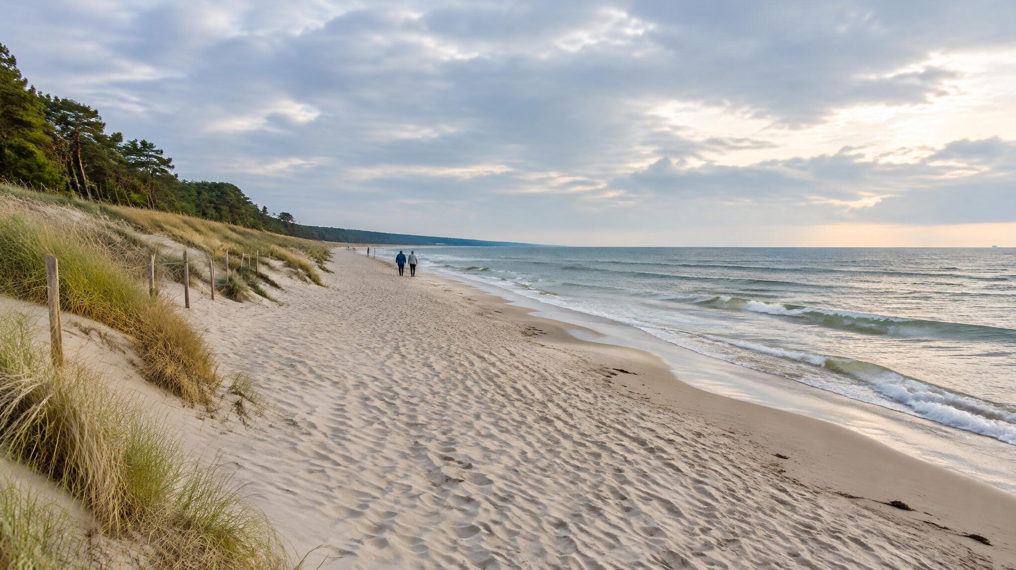 Wide sandy beach with calm sea and dunes