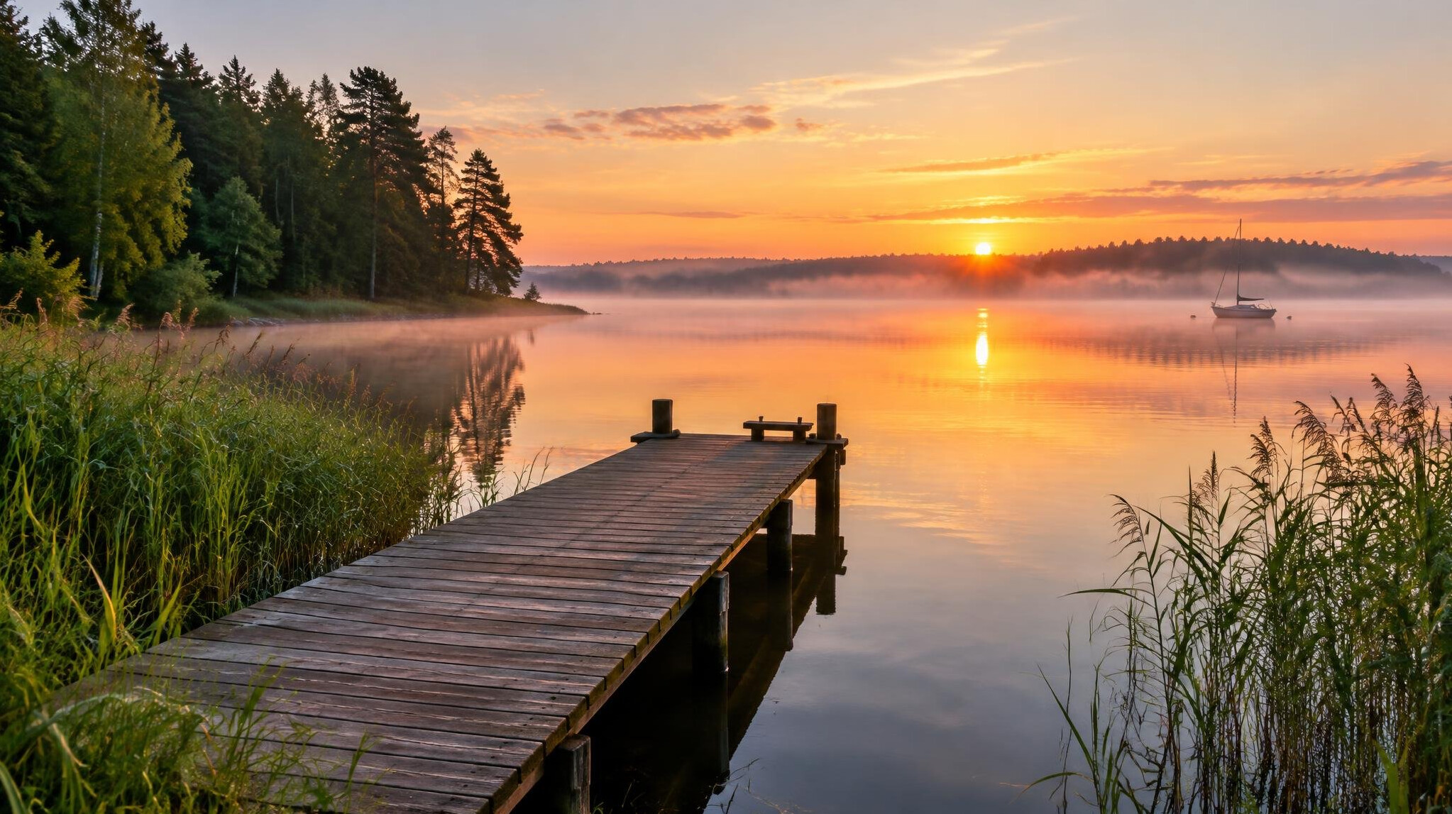 Calm lake with a wooden pier at sunrise surrounded by forest