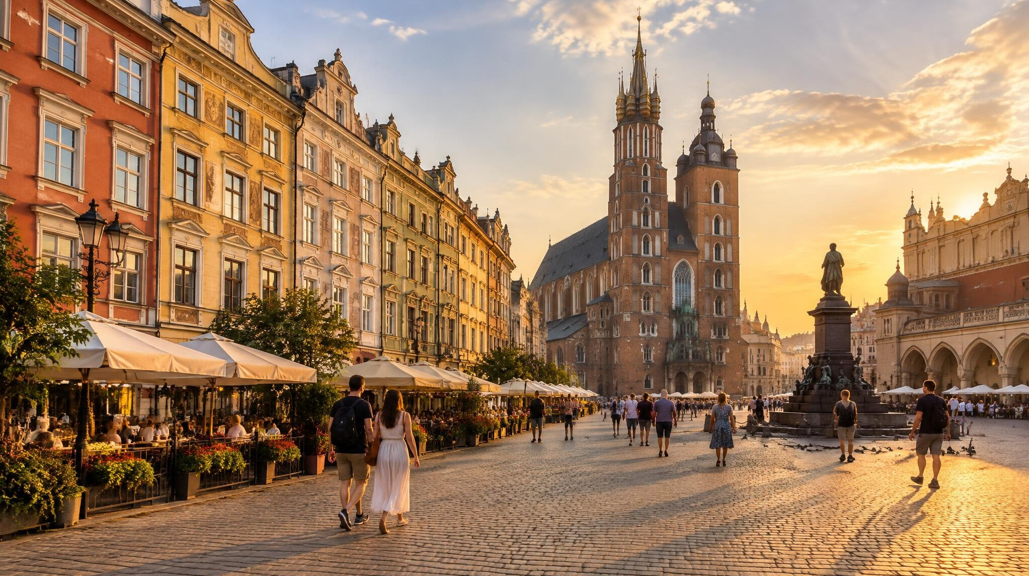 Historic market square in a Polish old town with colorful tenement houses