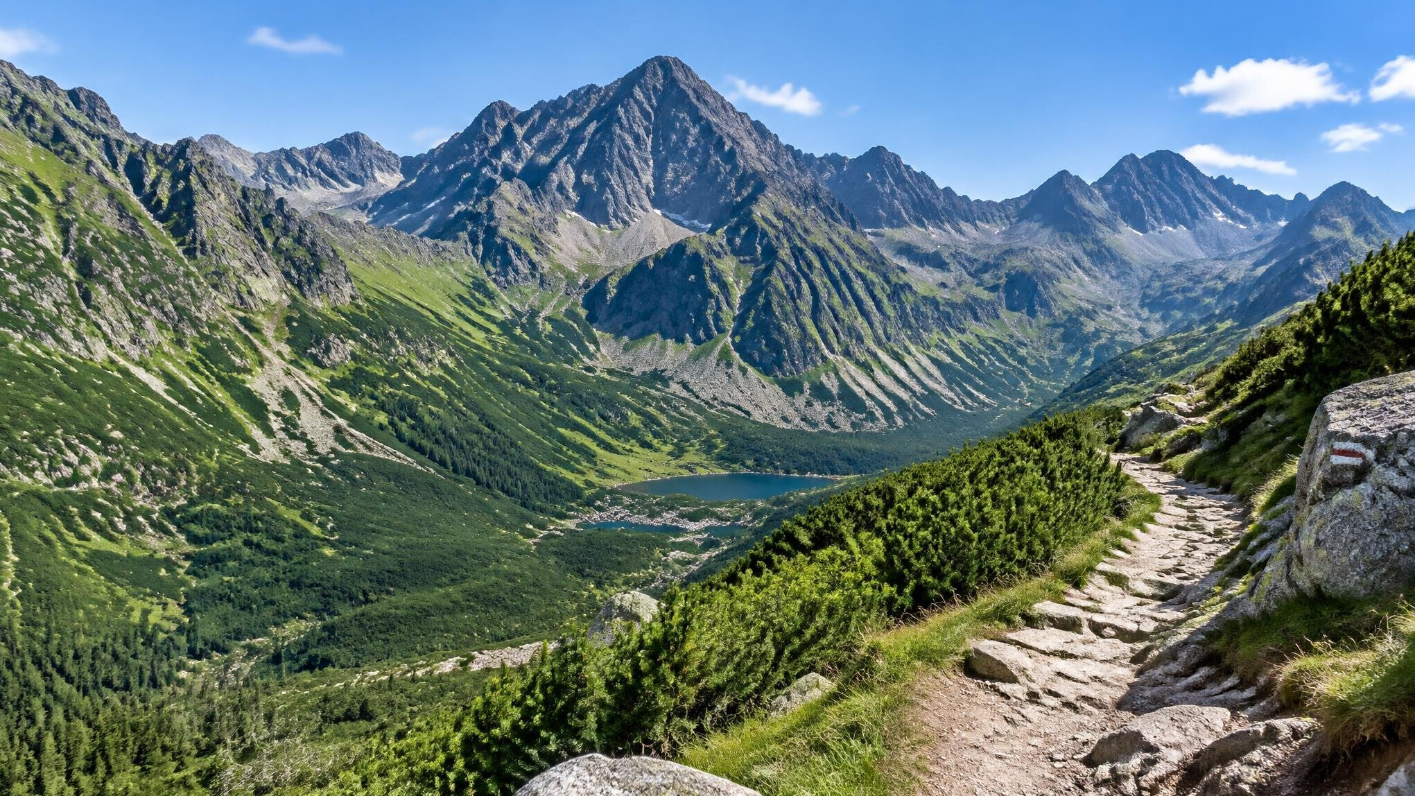 Mountain peaks above a green valley on a clear day